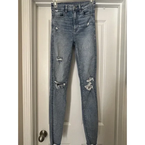 American Eagle Women's Distressed Light Wash High Rise Stretch Jegging 4 X long - Picture 2 of 15